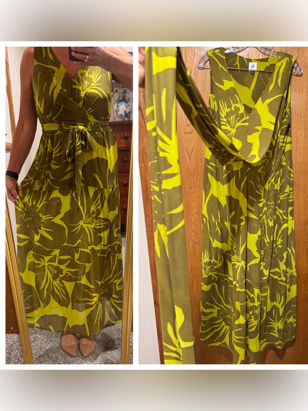 CAbi Olive & Chartreuse Floral Wrap Maxi Dress
